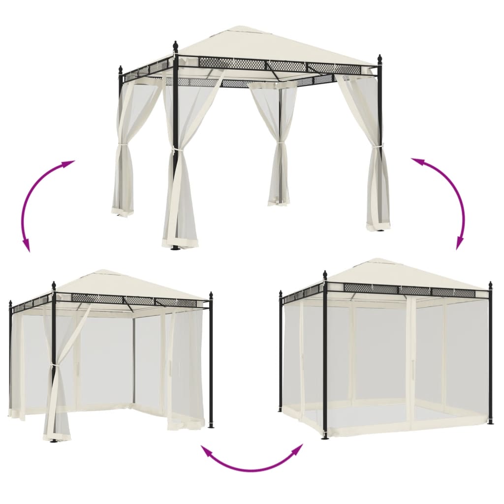 Gazebo with Mesh Walls Cream 2.93x2.93 m Steel