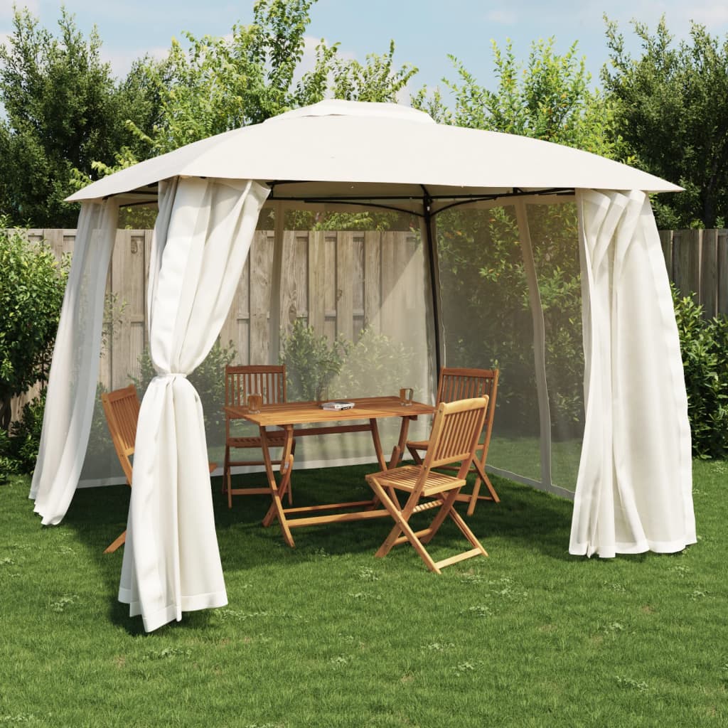 Gazebo with Double Roof and Mesh Walls Cream 2.93x2.93 m Steel