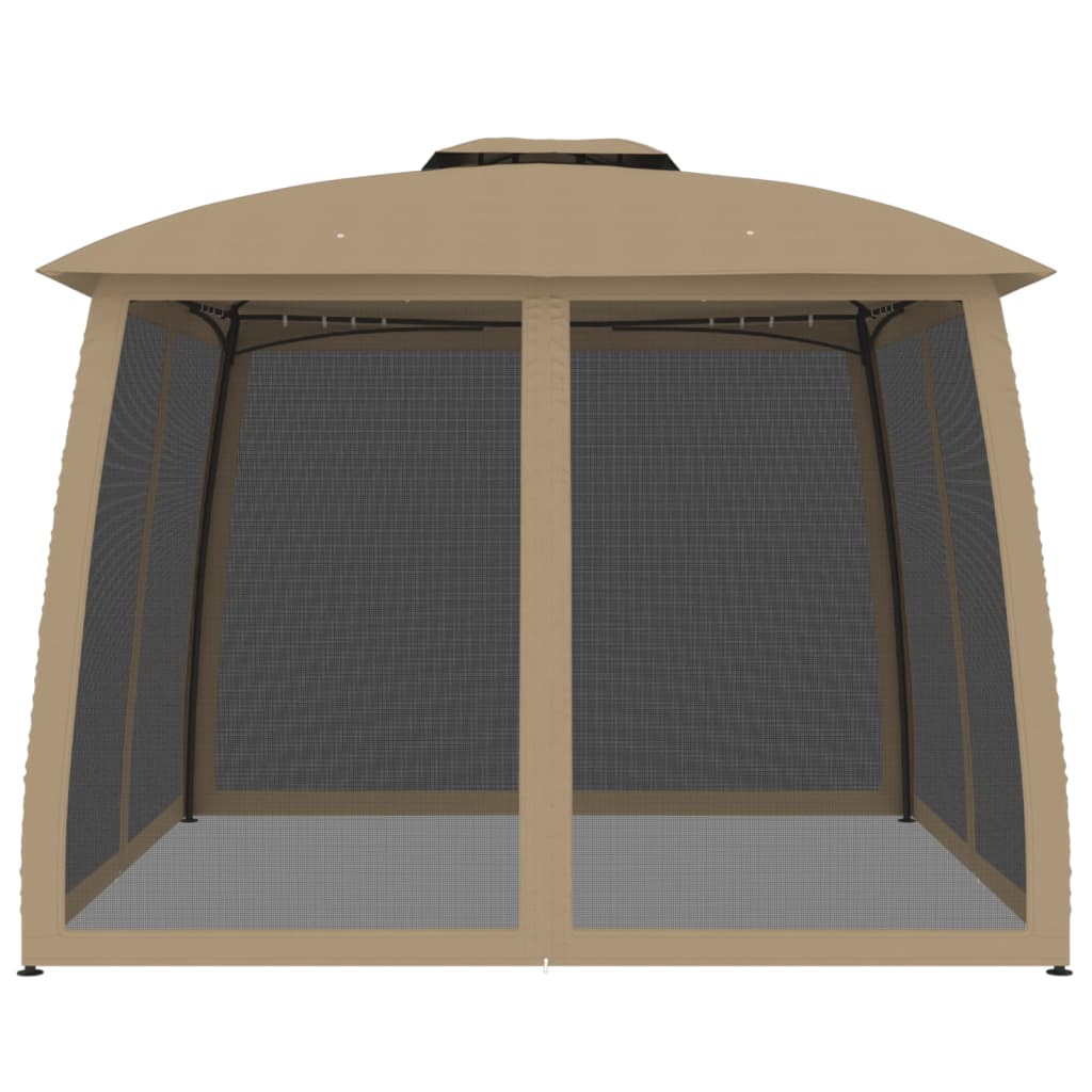 Gazebo with Double Roof and Mesh Walls Taupe 2.93x2.93 m Steel