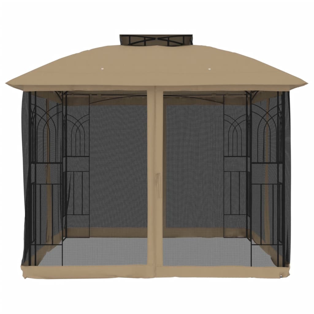 Gazebo with Double Roof and Mesh Walls Taupe 2.94x2.94 m Steel