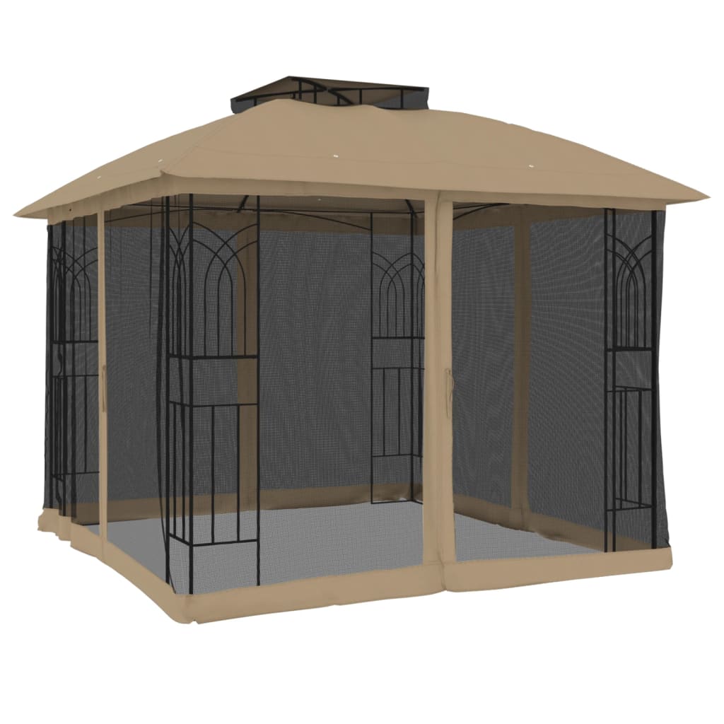 Gazebo with Double Roof and Mesh Walls Taupe 2.94x2.94 m Steel