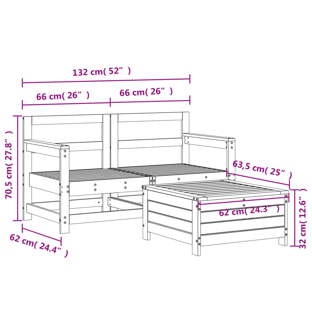 3 Piece Garden Sofa Set Solid Wood Pine