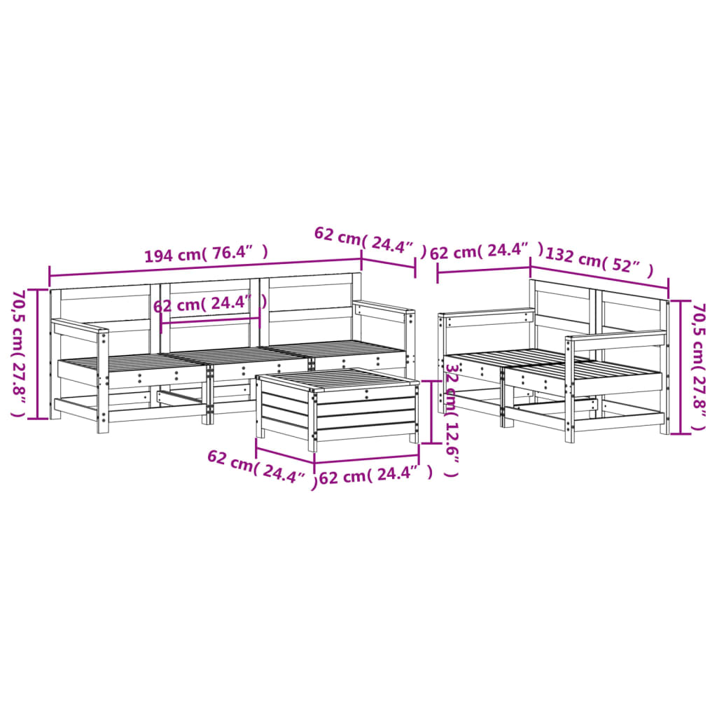 6 Piece Garden Sofa Set Solid Wood Pine