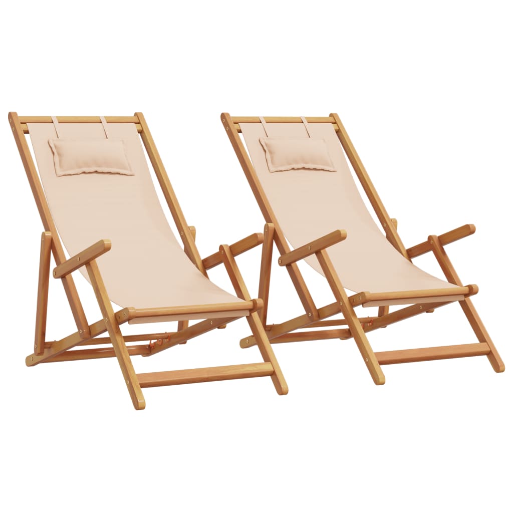 Folding Beach Chairs 2 pcs Beige Fabric and Solid Wood