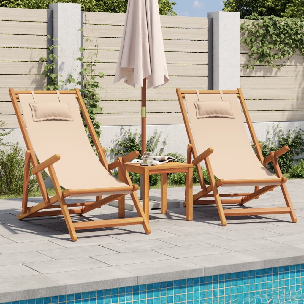 Folding Beach Chairs 2 pcs Beige Fabric and Solid Wood