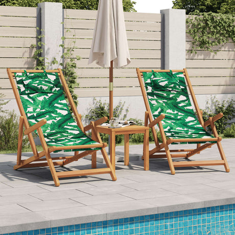 Folding Beach Chairs 2 pcs Leaf Pattern Fabric and Solid Wood