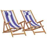 Folding Beach Chairs 2 pcs Blue and White Fabric and Solid Wood