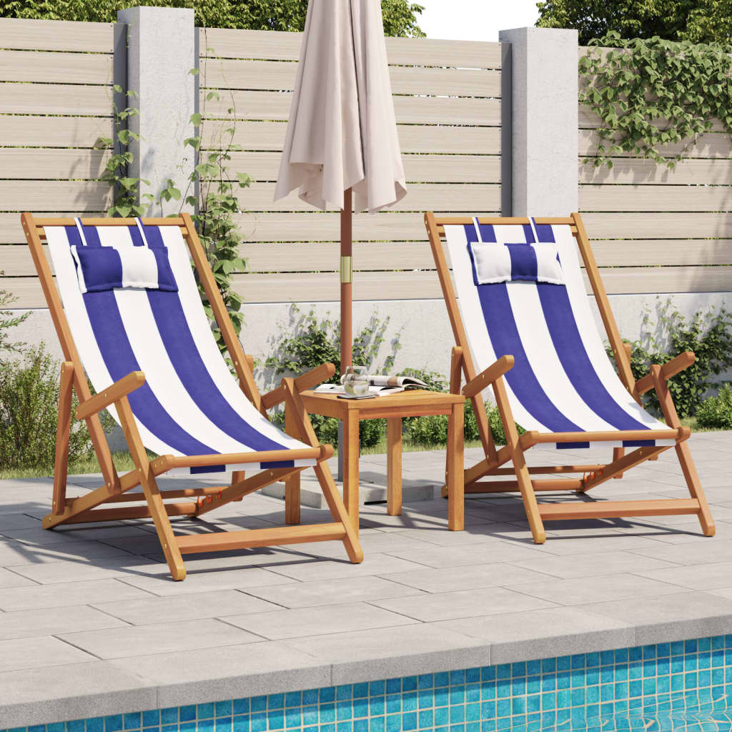 Folding Beach Chairs 2 pcs Blue and White Fabric and Solid Wood