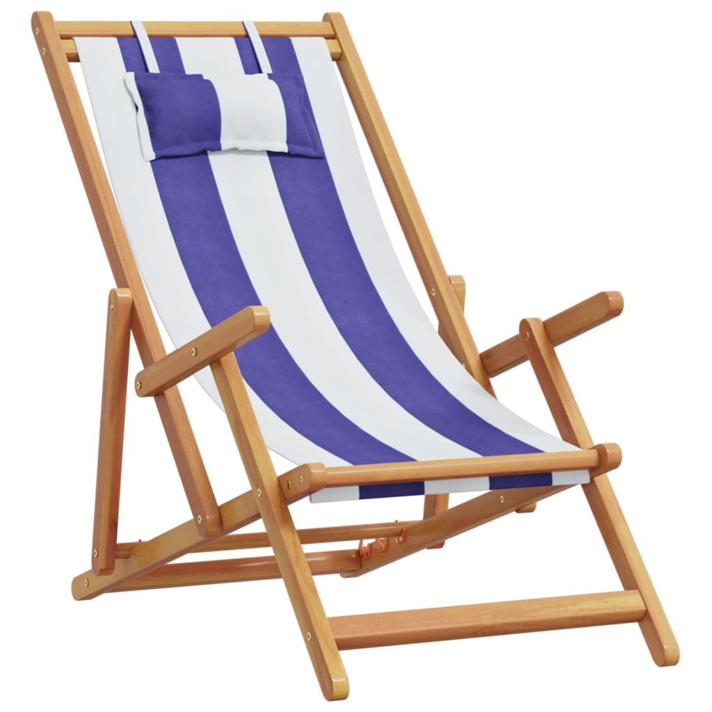 Folding Beach Chairs 2 pcs Blue and White Fabric and Solid Wood