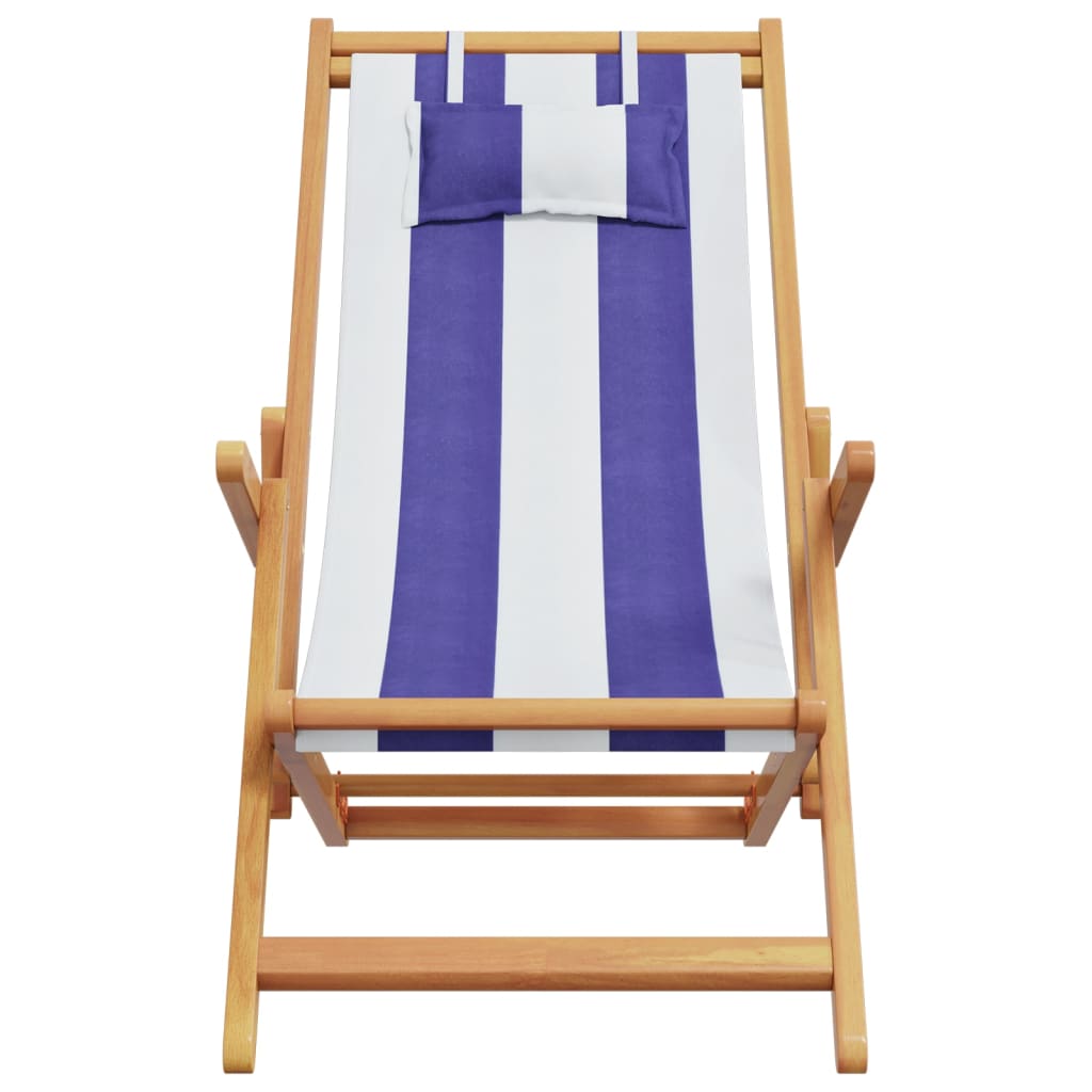 Folding Beach Chairs 2 pcs Blue and White Fabric and Solid Wood