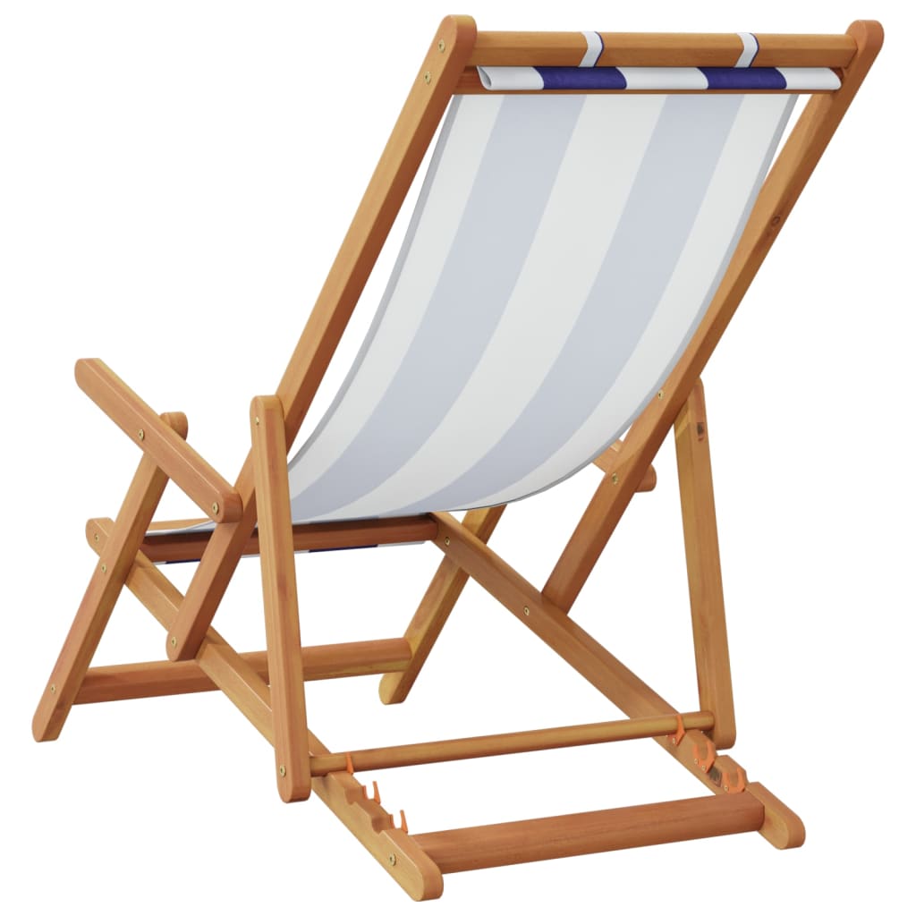 Folding Beach Chairs 2 pcs Blue and White Fabric and Solid Wood