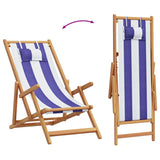 Folding Beach Chairs 2 pcs Blue and White Fabric and Solid Wood