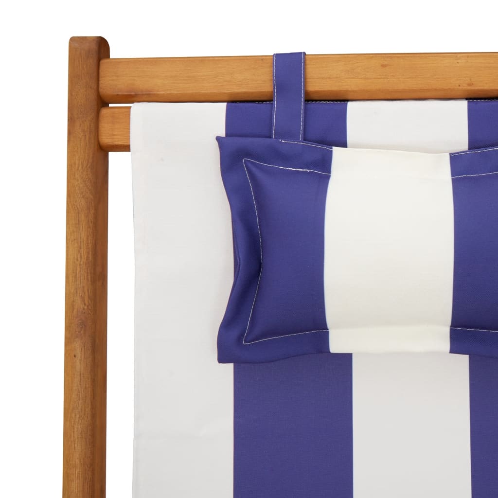 Folding Beach Chairs 2 pcs Blue and White Fabric and Solid Wood