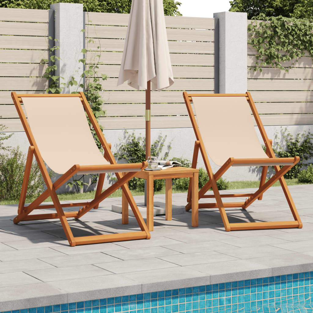 Folding Beach Chairs 2 pcs Beige Fabric and Solid Wood