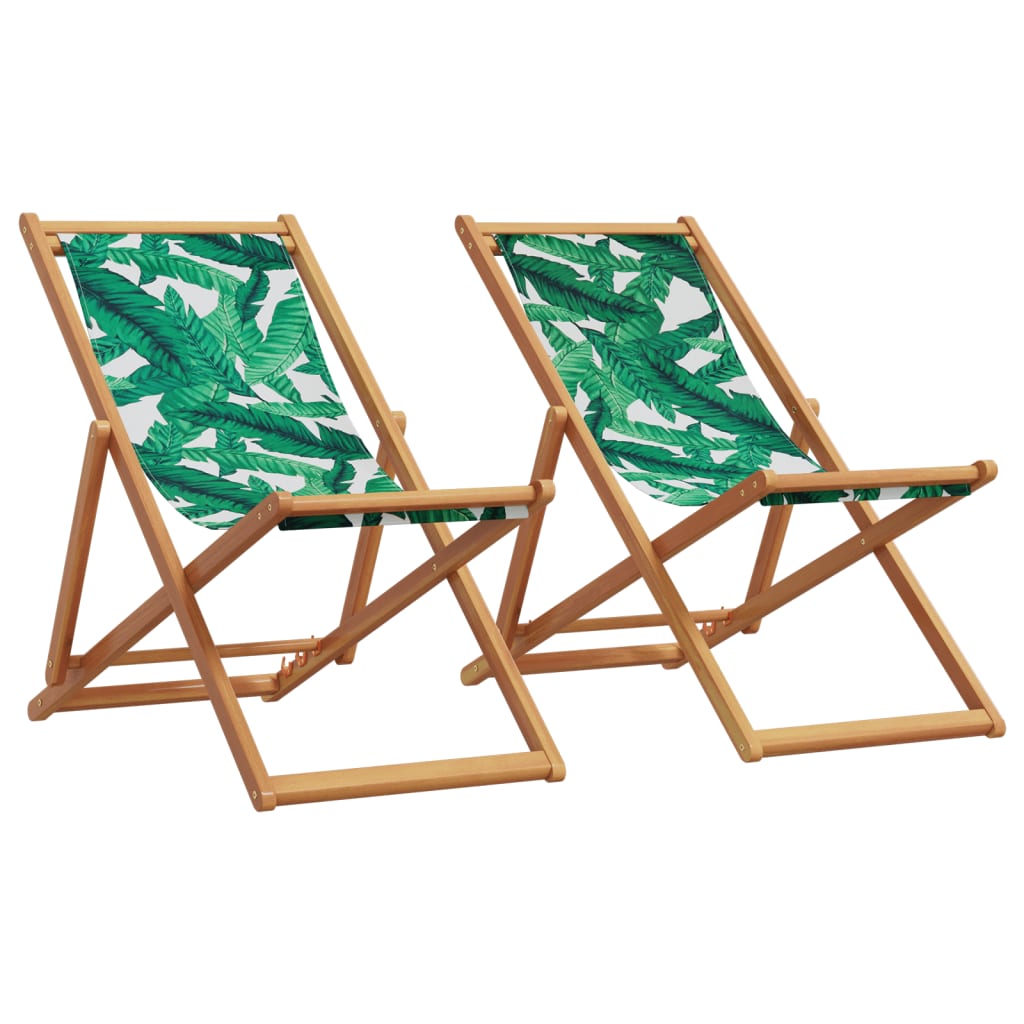 Folding Beach Chairs 2 pcs Leaf Pattern Fabric and Solid Wood