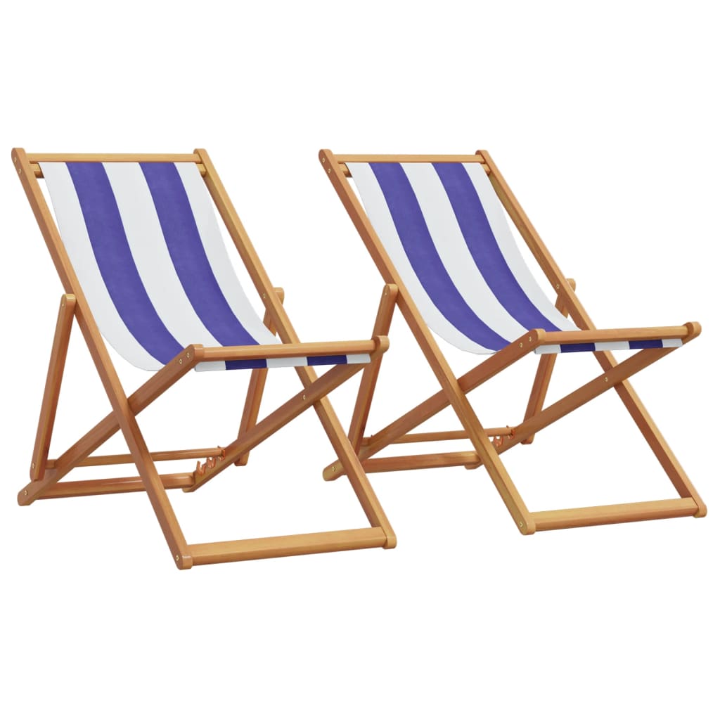 Folding Beach Chairs 2 pcs Blue and White Fabric and Solid Wood