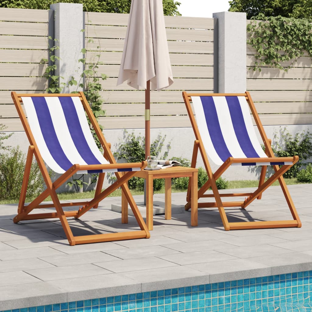 Folding Beach Chairs 2 pcs Blue and White Fabric and Solid Wood