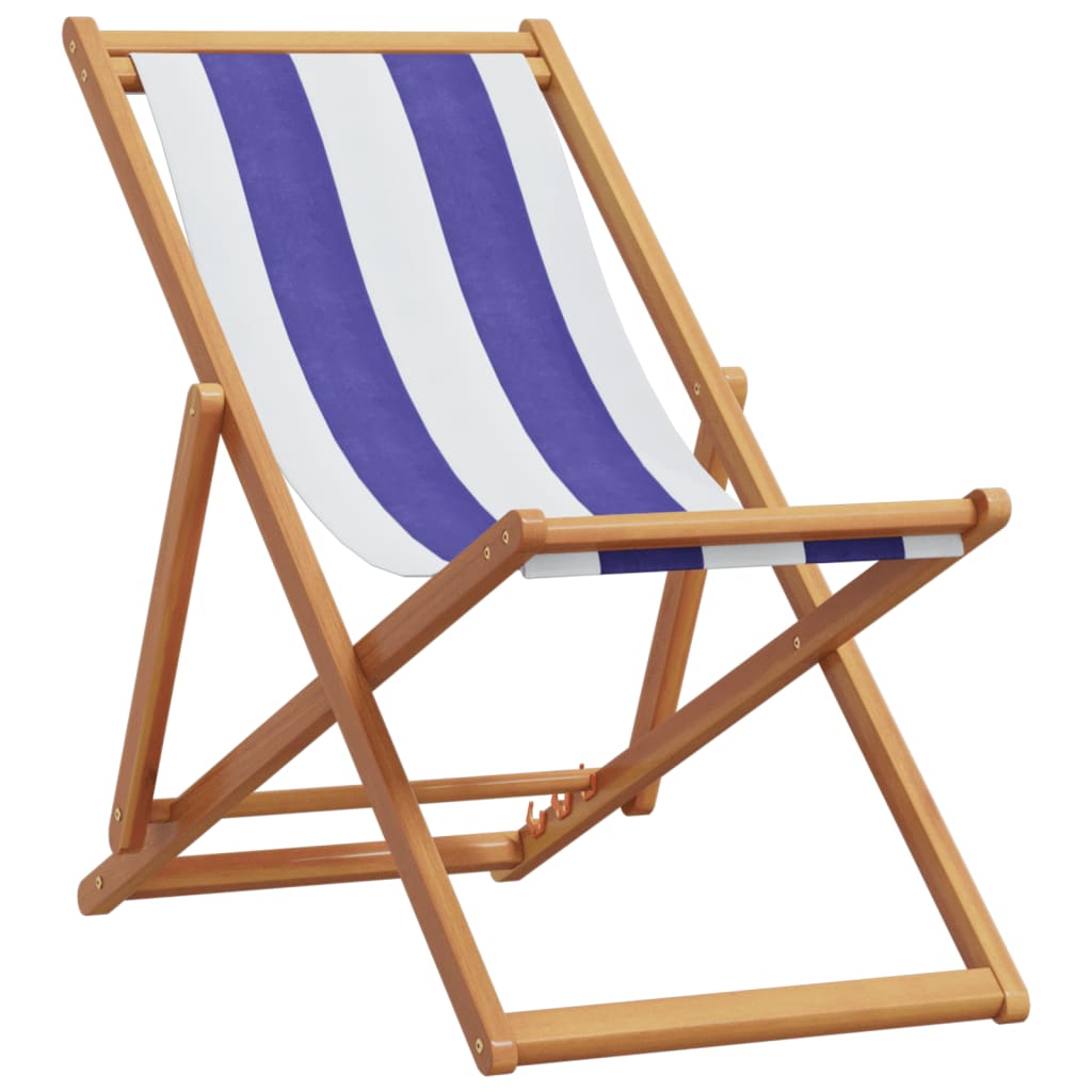 Folding Beach Chairs 2 pcs Blue and White Fabric and Solid Wood