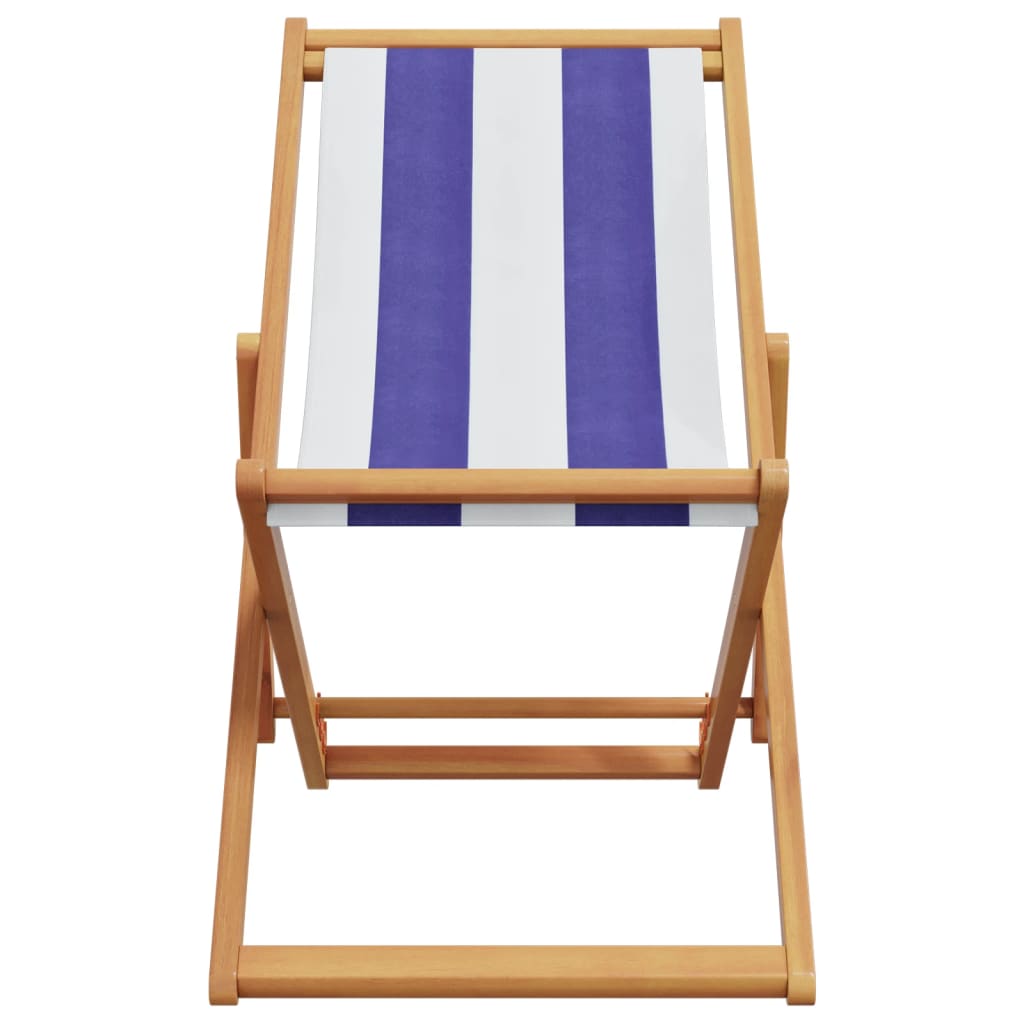 Folding Beach Chairs 2 pcs Blue and White Fabric and Solid Wood