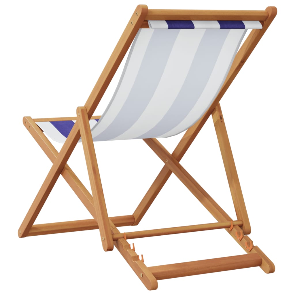 Folding Beach Chairs 2 pcs Blue and White Fabric and Solid Wood