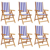 Reclining Garden Chairs 6 pcs Blue and White Fabric and Solid Wood