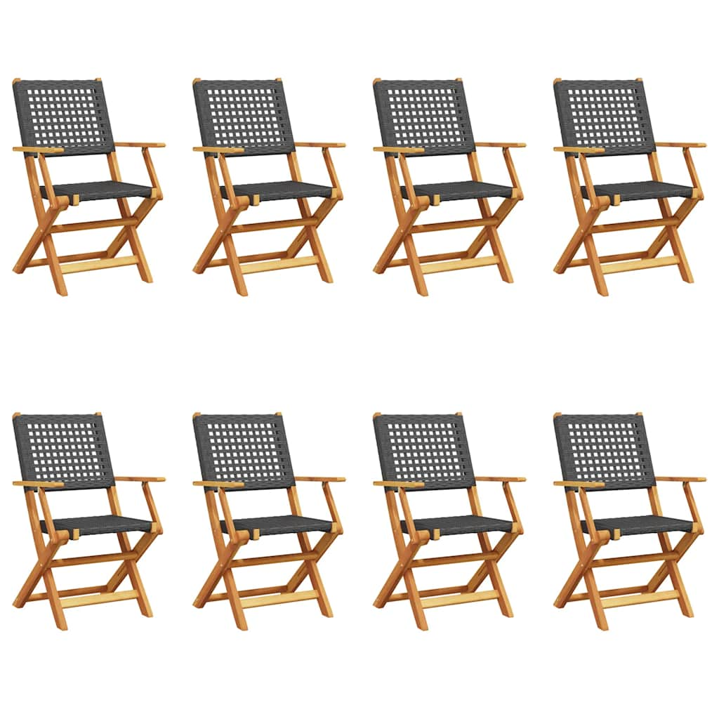 Folding Garden Chairs 8 pcs Black Poly Rattan and Solid Wood