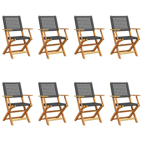 Folding Garden Chairs 8 pcs Black Poly Rattan and Solid Wood