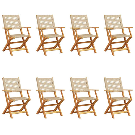 Folding Garden Chairs 8 pcs Beige Poly Rattan and Solid Wood