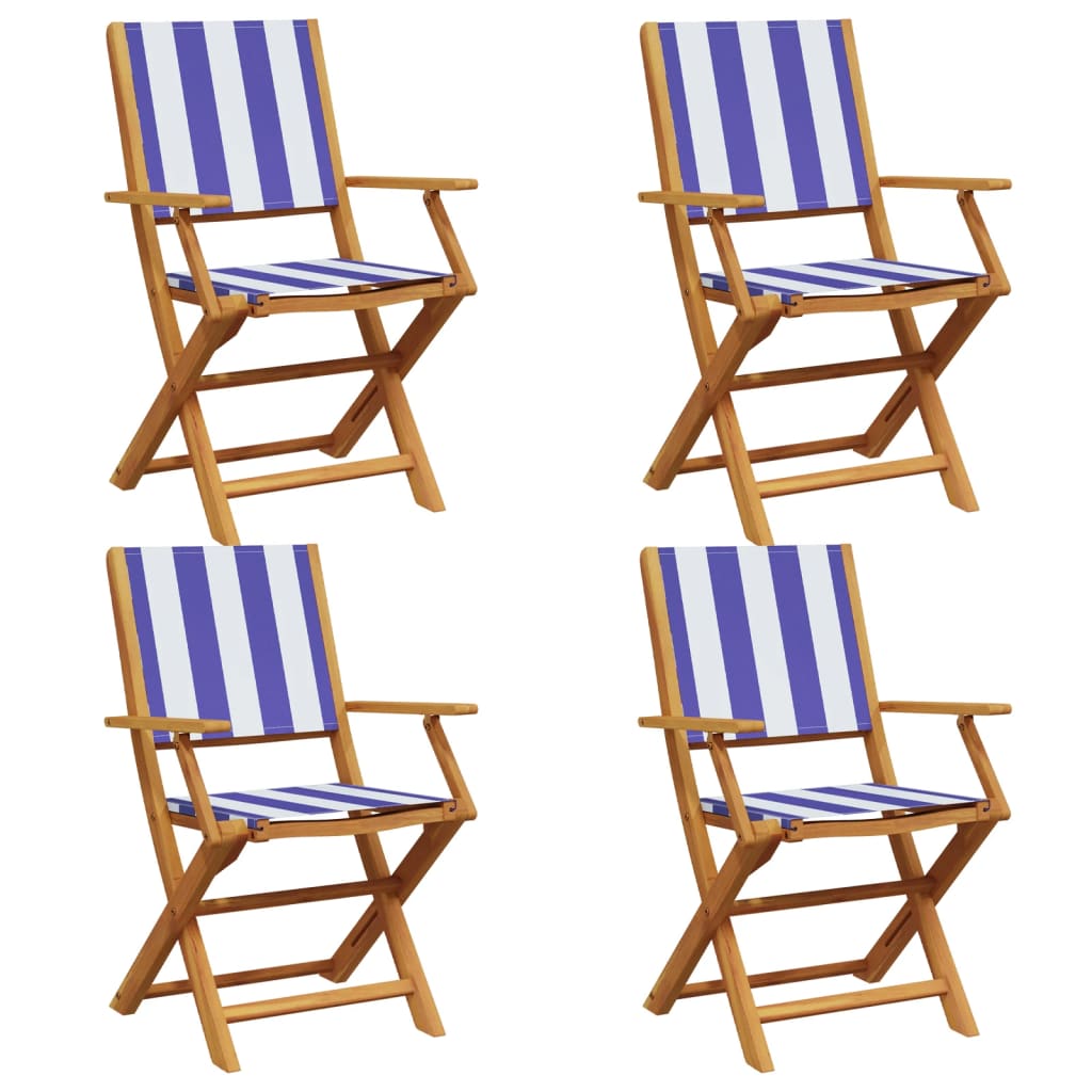 Folding Garden Chairs 4 pcs Blue and White Fabric and Solid Wood