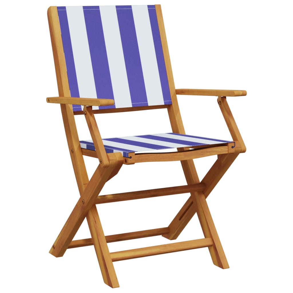 Folding Garden Chairs 4 pcs Blue and White Fabric and Solid Wood