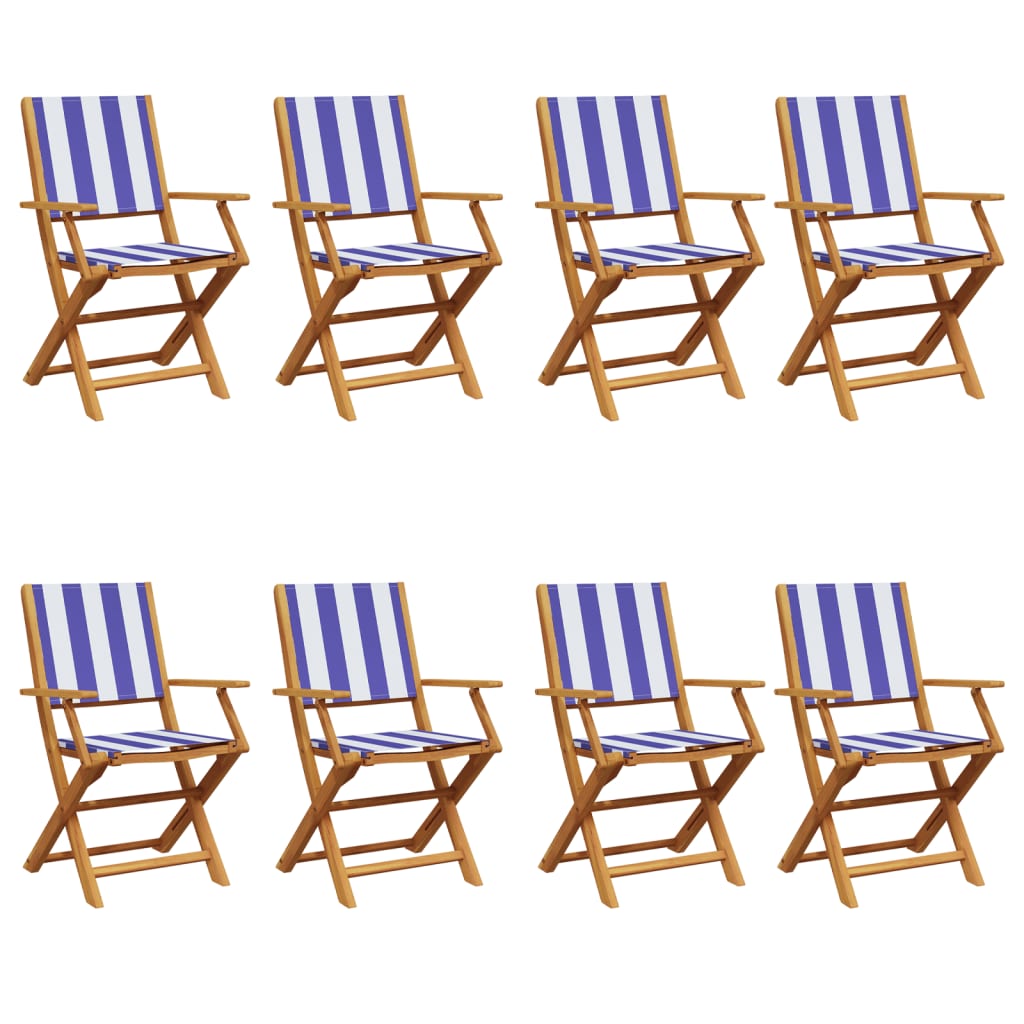 Folding Garden Chairs 8 pcs Blue and White Fabric and Solid Wood