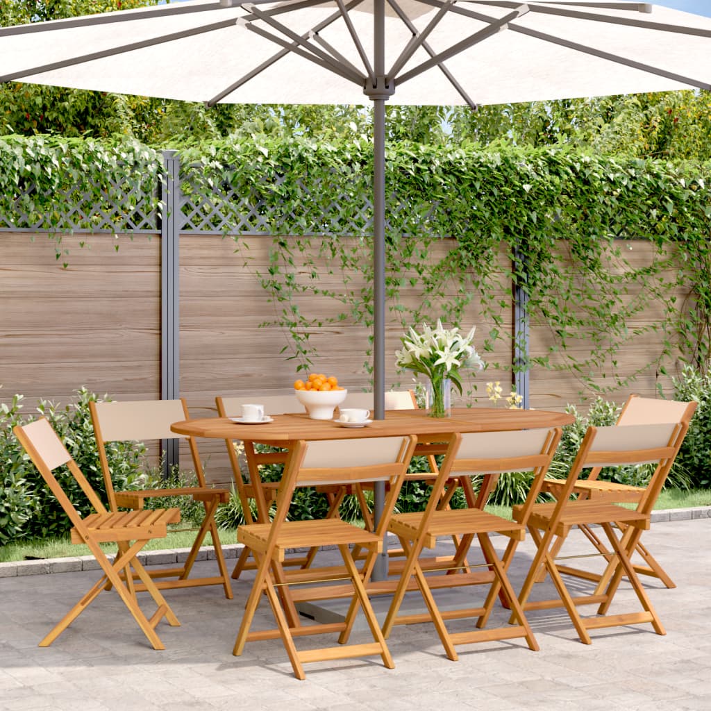 Folding Garden Chairs 8 pcs Beige Fabric and Solid Wood