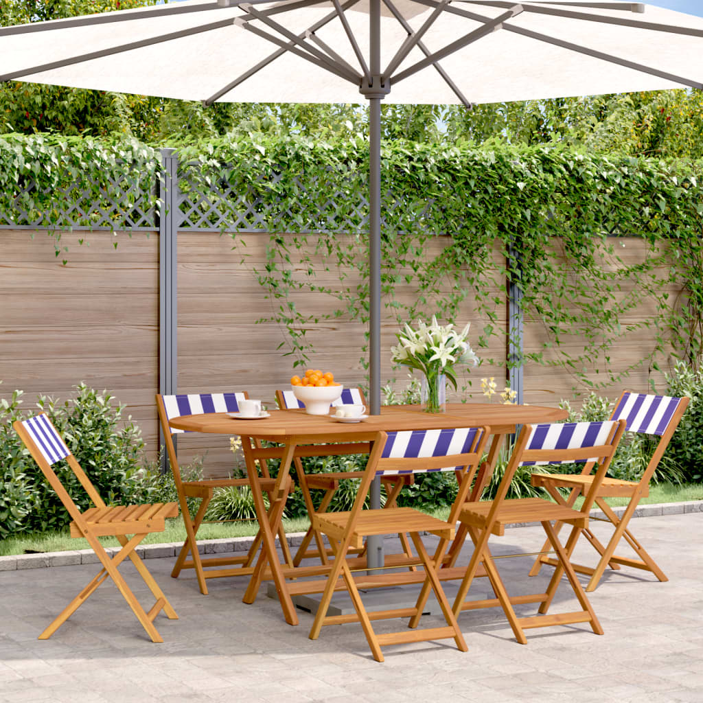 Folding Garden Chairs 6 pcs Blue and White Fabric and Solid Wood