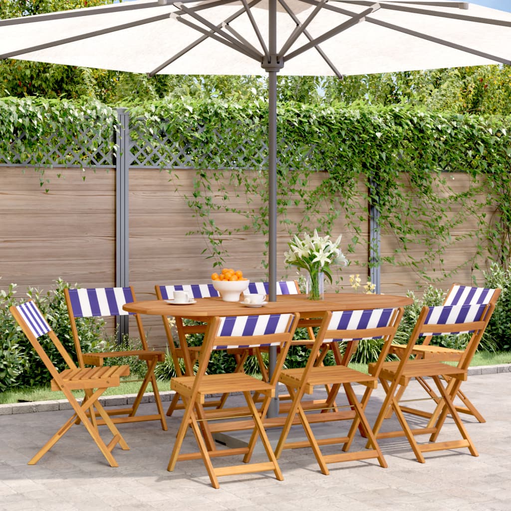 Folding Garden Chairs 8 pcs Blue and White Fabric and Solid Wood