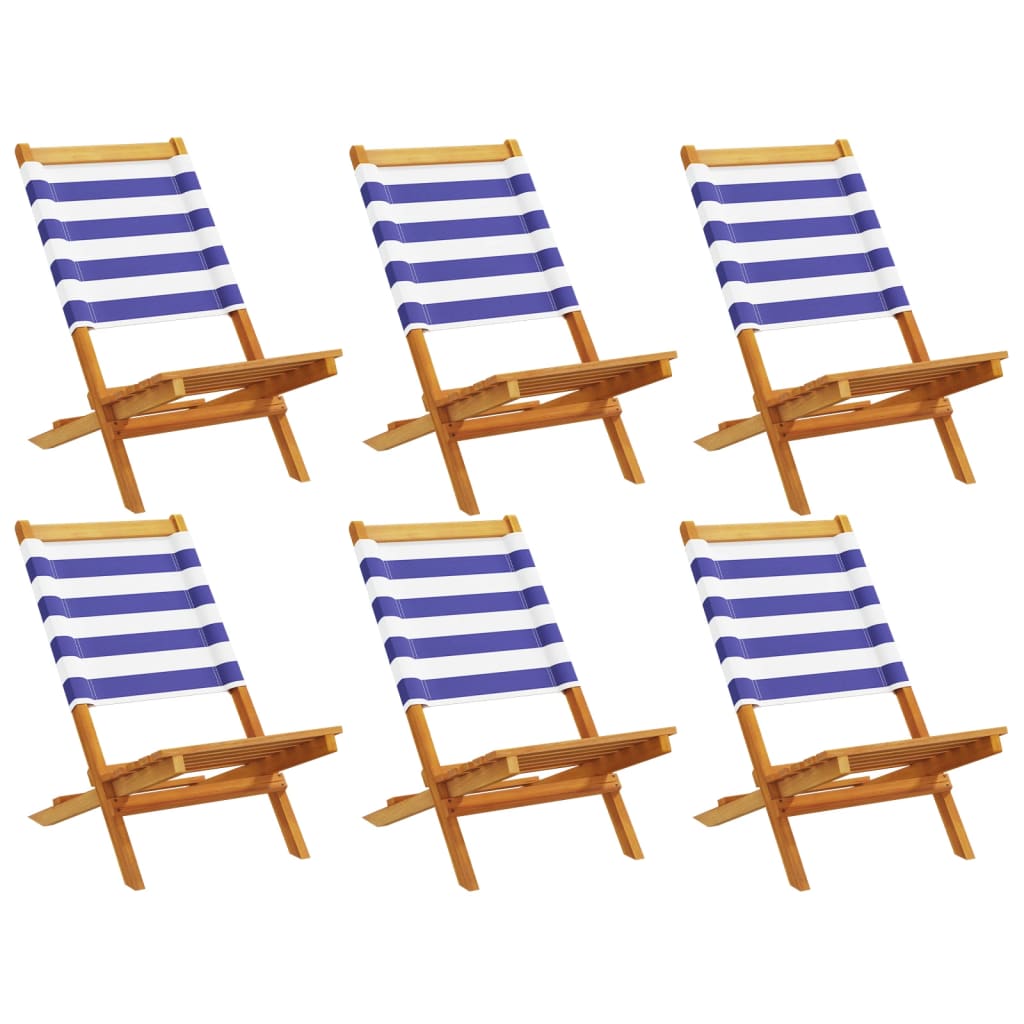 Folding Garden Chairs 6 pcs Blue and White Fabric and Solid Wood