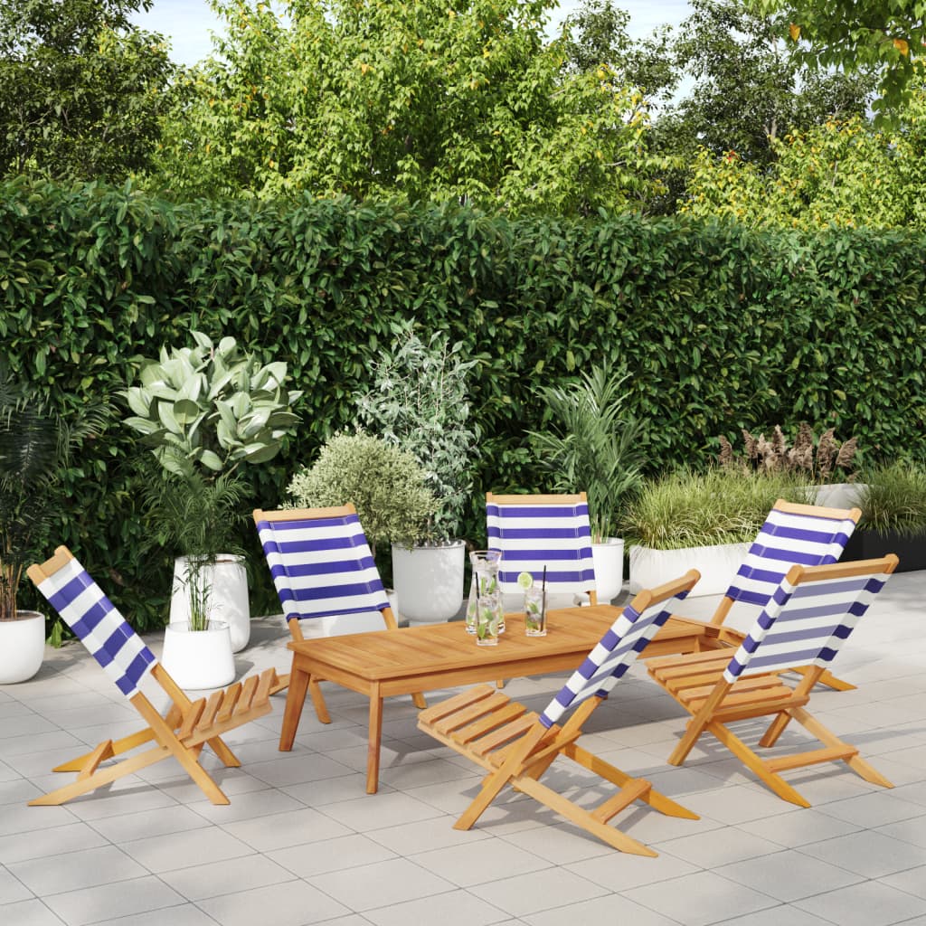 Folding Garden Chairs 6 pcs Blue and White Fabric and Solid Wood