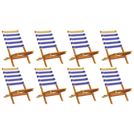 Folding Garden Chairs 8 pcs Blue and White Fabric and Solid Wood