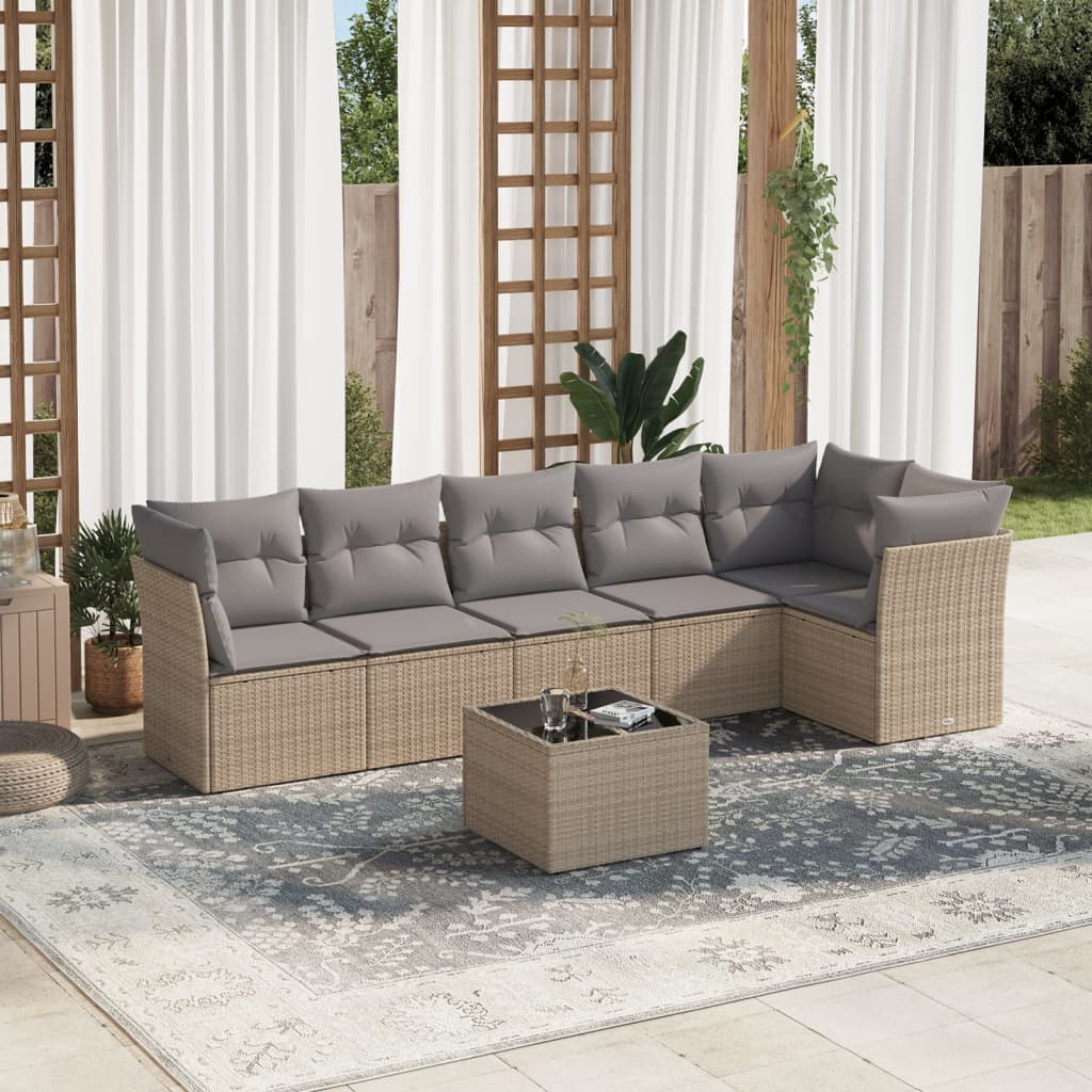 7 Piece Garden Sofa Set with Cushions Beige Poly Rattan