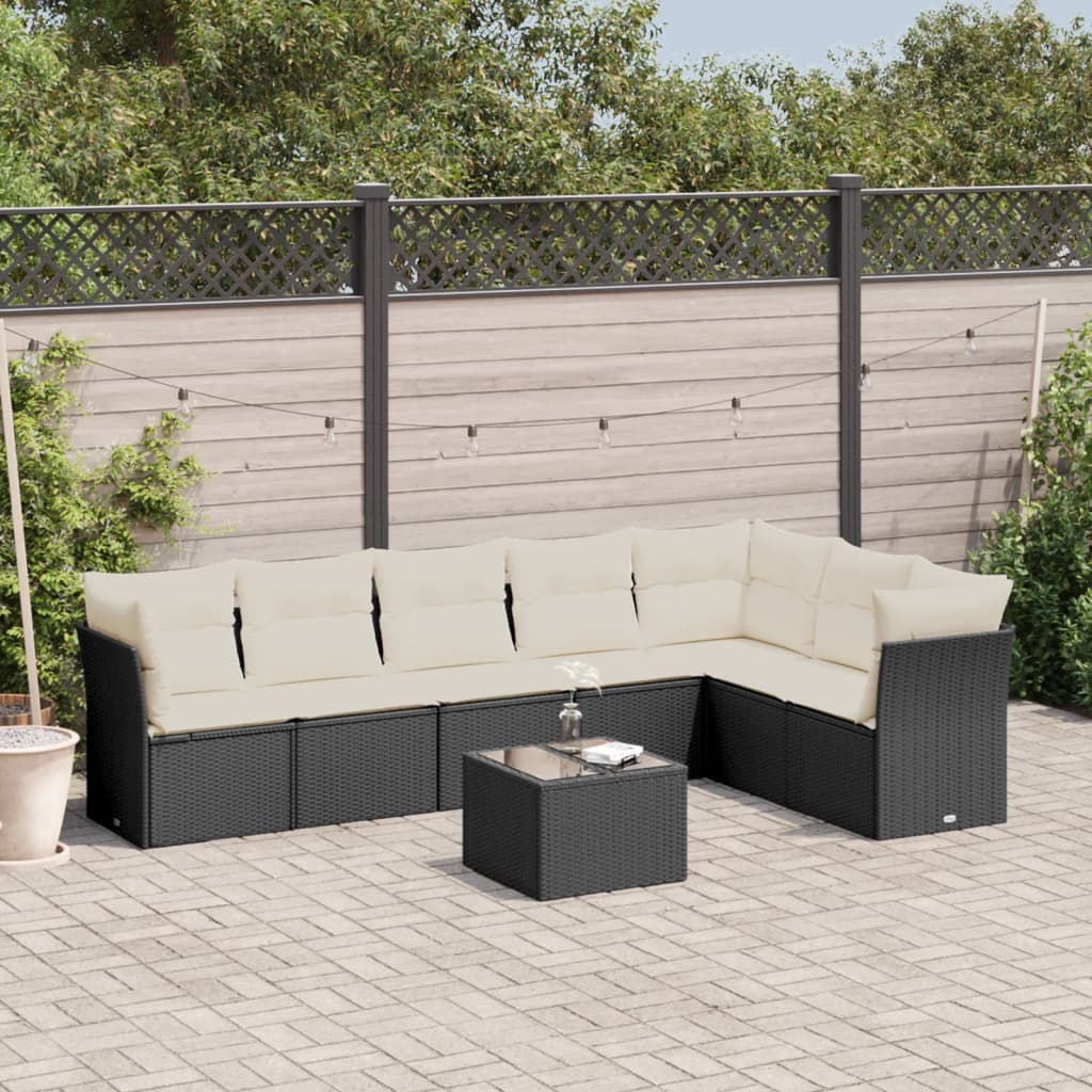 8 Piece Garden Sofa Set with Cushions Black Poly Rattan