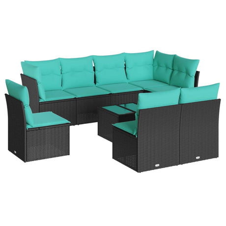 9 Piece Garden Sofa Set with Cushions Black Poly Rattan