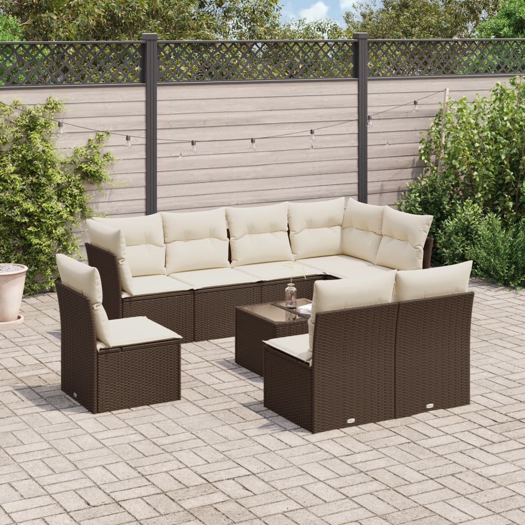 9 Piece Garden Sofa Set with Cushions Brown Poly Rattan