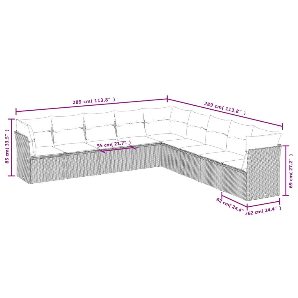 9 Piece Garden Sofa Set with Cushions Brown Poly Rattan