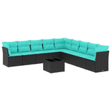 10 Piece Garden Sofa Set with Cushions Black Poly Rattan