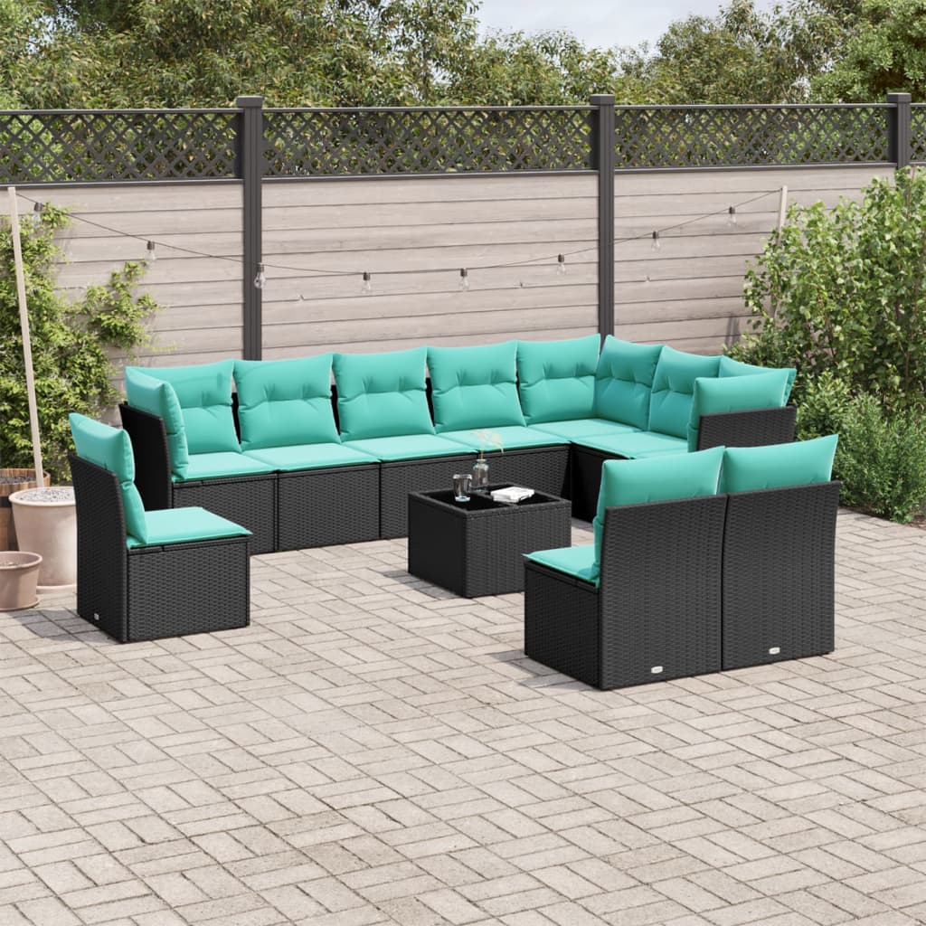 11 Piece Garden Sofa Set with Cushions Black Poly Rattan
