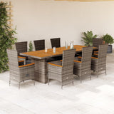 9 Piece Garden Dining Set with Cushions Grey Poly Rattan