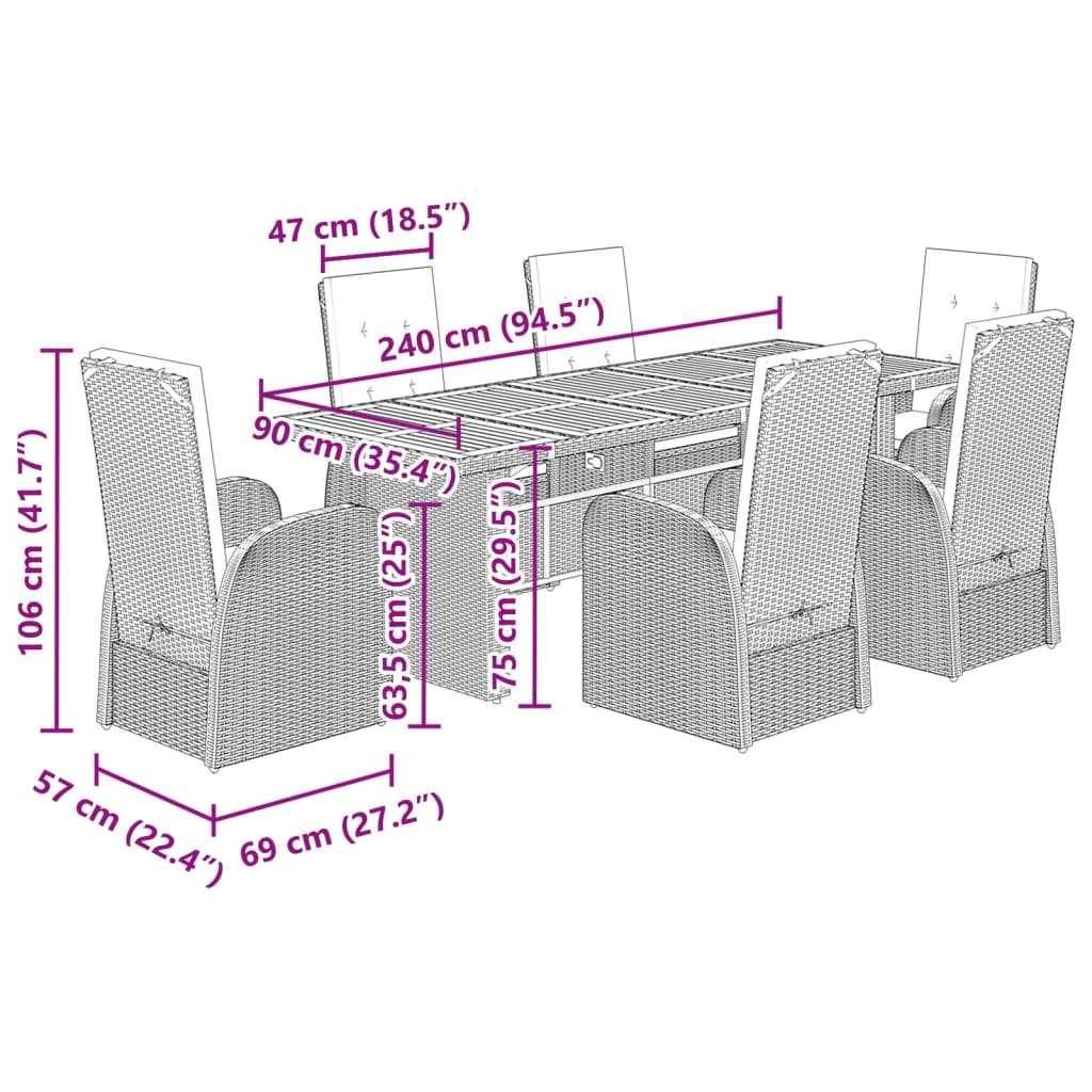 7 Piece Garden Dining Set with Cushions Grey Poly Rattan