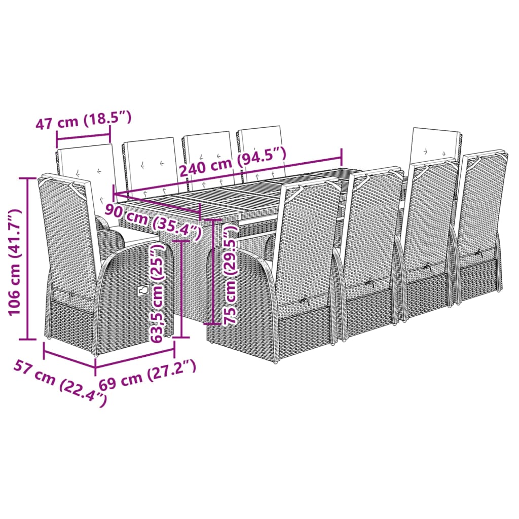 11 Piece Garden Dining Set with Cushions Grey Poly Rattan