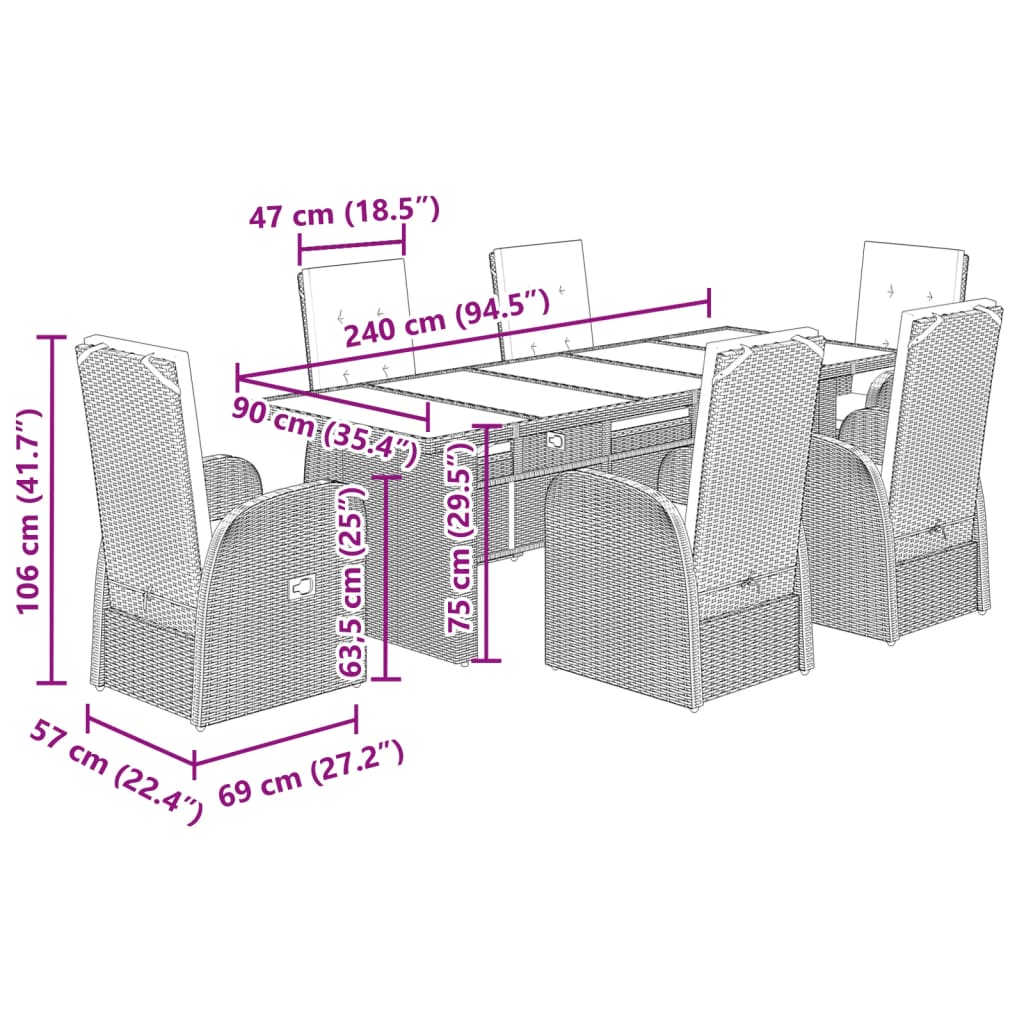 7 Piece Garden Dining Set with Cushions Grey Poly Rattan