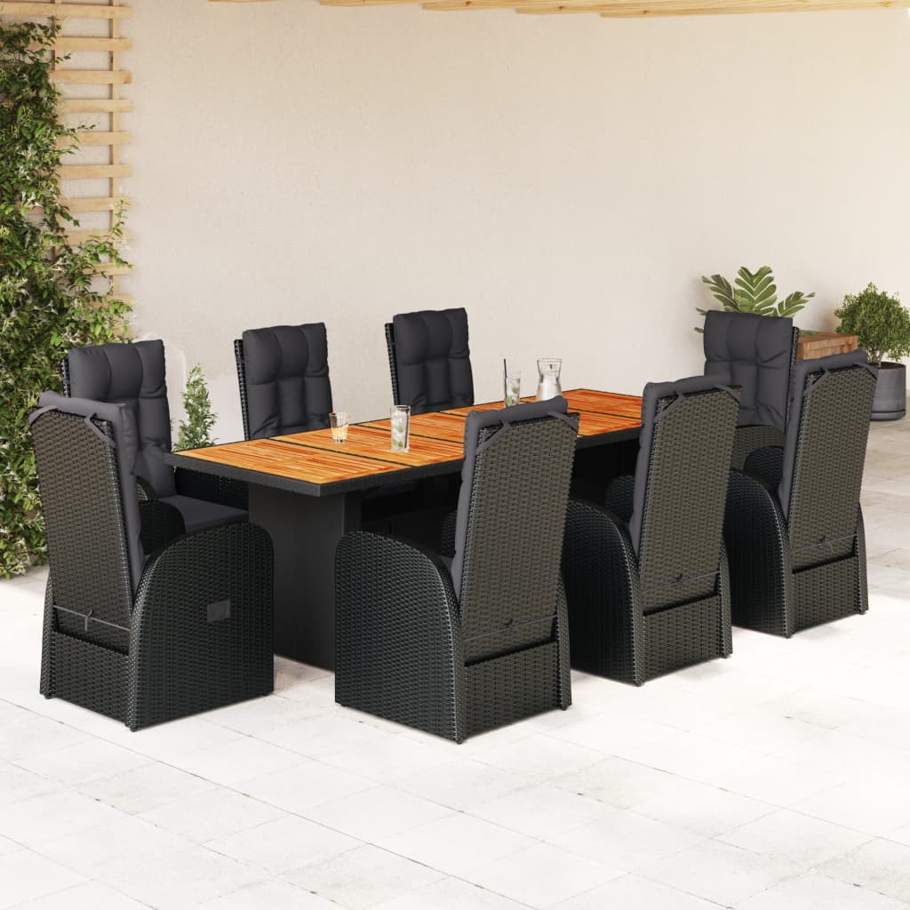 9 Piece Garden Dining Set with Cushions Black Poly Rattan
