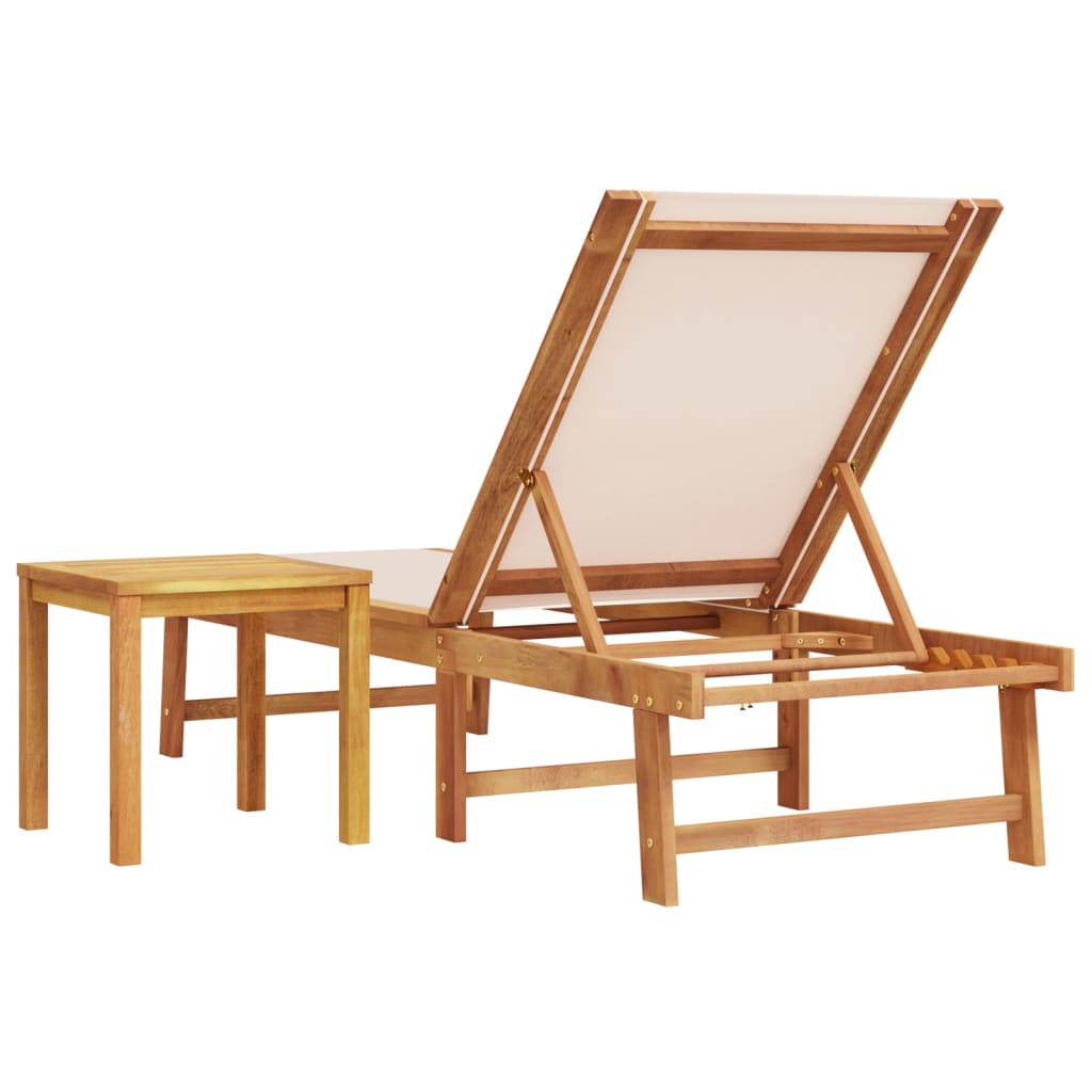 Sun Lounger with Table Cream Solid Wood Acacia and Textilene